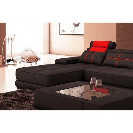 Canapé d'angle en cuir italien 5 places ELIXA, noir et rouge, angle gauche