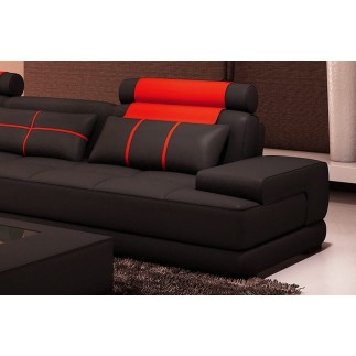 Canapé d'angle en cuir italien 5 places ELIXA, noir et rouge, angle gauche