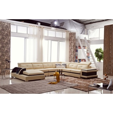Canapé d'angle cuir buffle italien 7/8 places , BELLISSIMO, beige et chocolat, angle droit