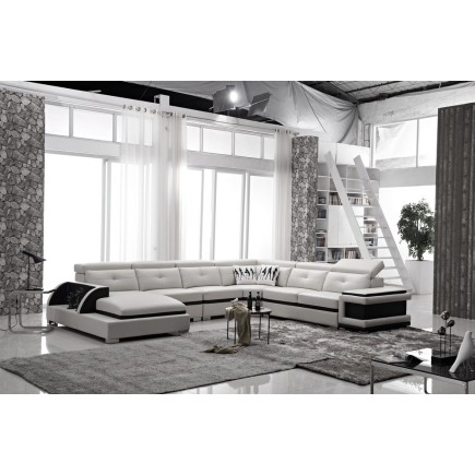 Canapé d'angle cuir buffle italien 7/8 places , BELLISSIMO, blanc et noir, angle droit