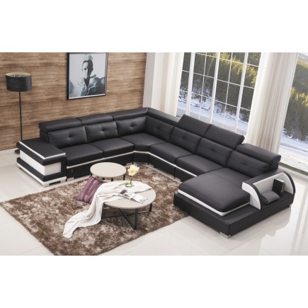 - Canapé d'angle cuir buffle italien 7/8 places, BELLISSIMO, noir et blanc, angle gauche