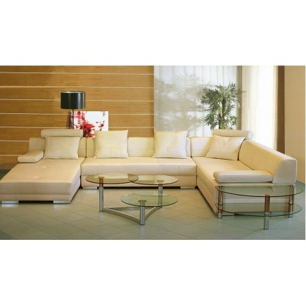 Canapé d'angle en cuir italien 8 places NAPOLI, beige, angle droit