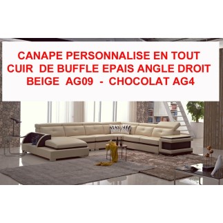 Canapé d'angle tout cuir buffle épais italien 7/8 places , BELLISSIMO, beige AG09 et chocolat AG4, angle droit Fabrication perso