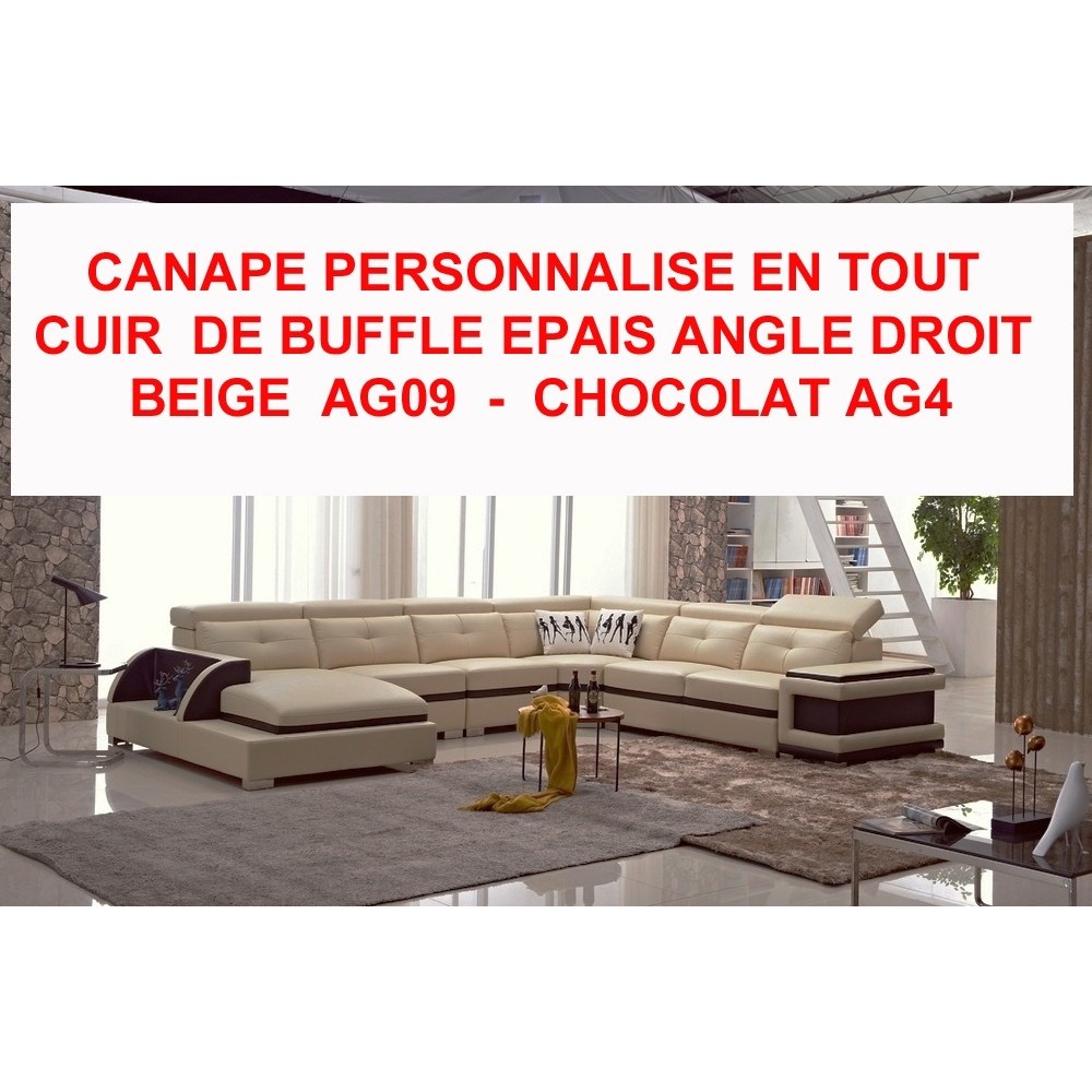 Canapé d'angle tout cuir buffle épais italien 7/8 places , BELLISSIMO, beige AG09 et chocolat AG4, angle droit Fabrication perso