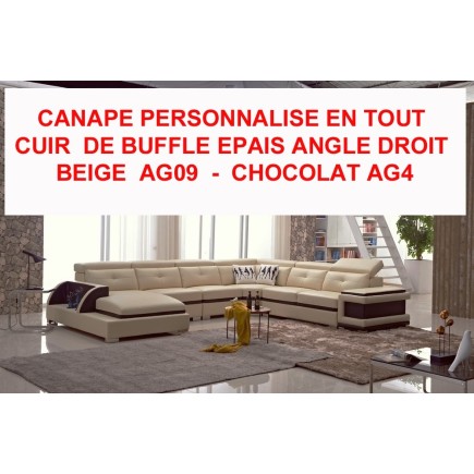 Canapé d'angle tout cuir buffle épais italien 7/8 places , BELLISSIMO, beige AG09 et chocolat AG4, angle droit Fabrication perso
