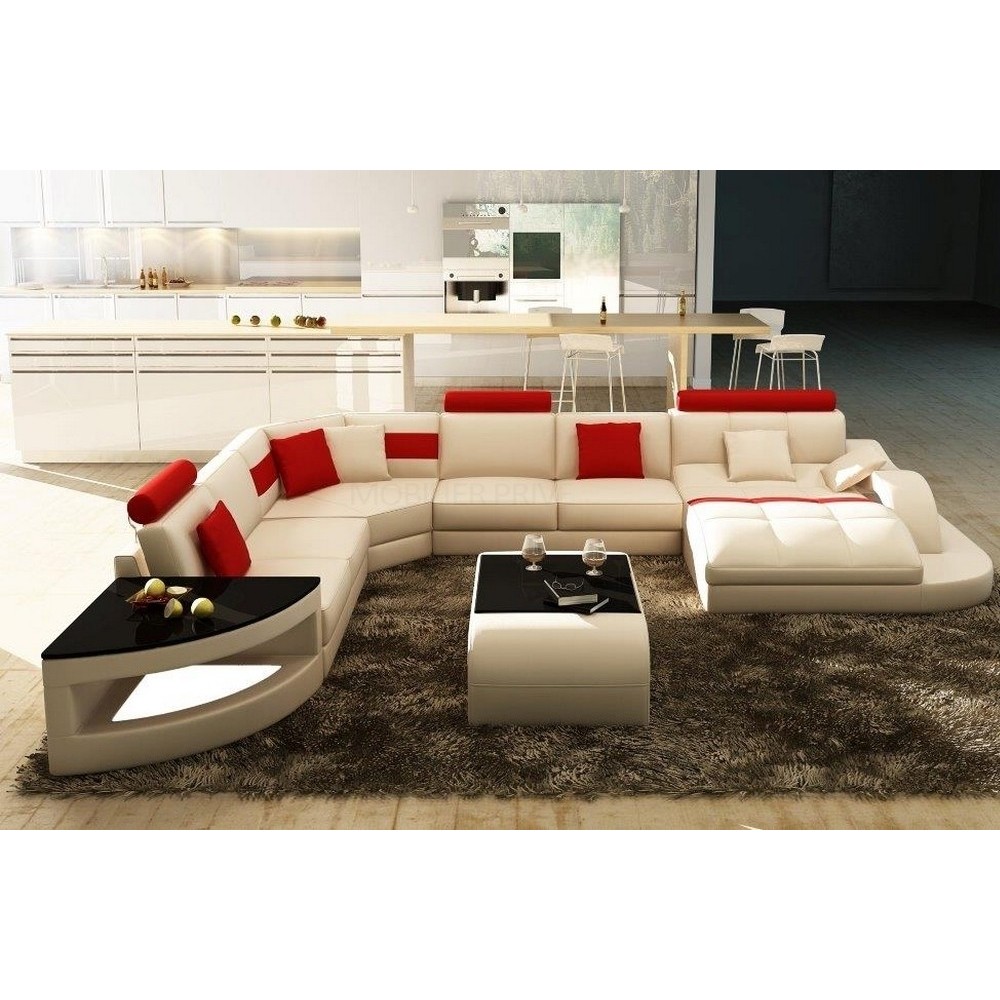 Canapé d'angle en cuir Prestige Luxe italien 8 places NORDIK, table offerte, blanc et rouge Canapé d'angle en cuir Prestige Luxe italien 8 places NORDIK, table offerte, blanc et rouge