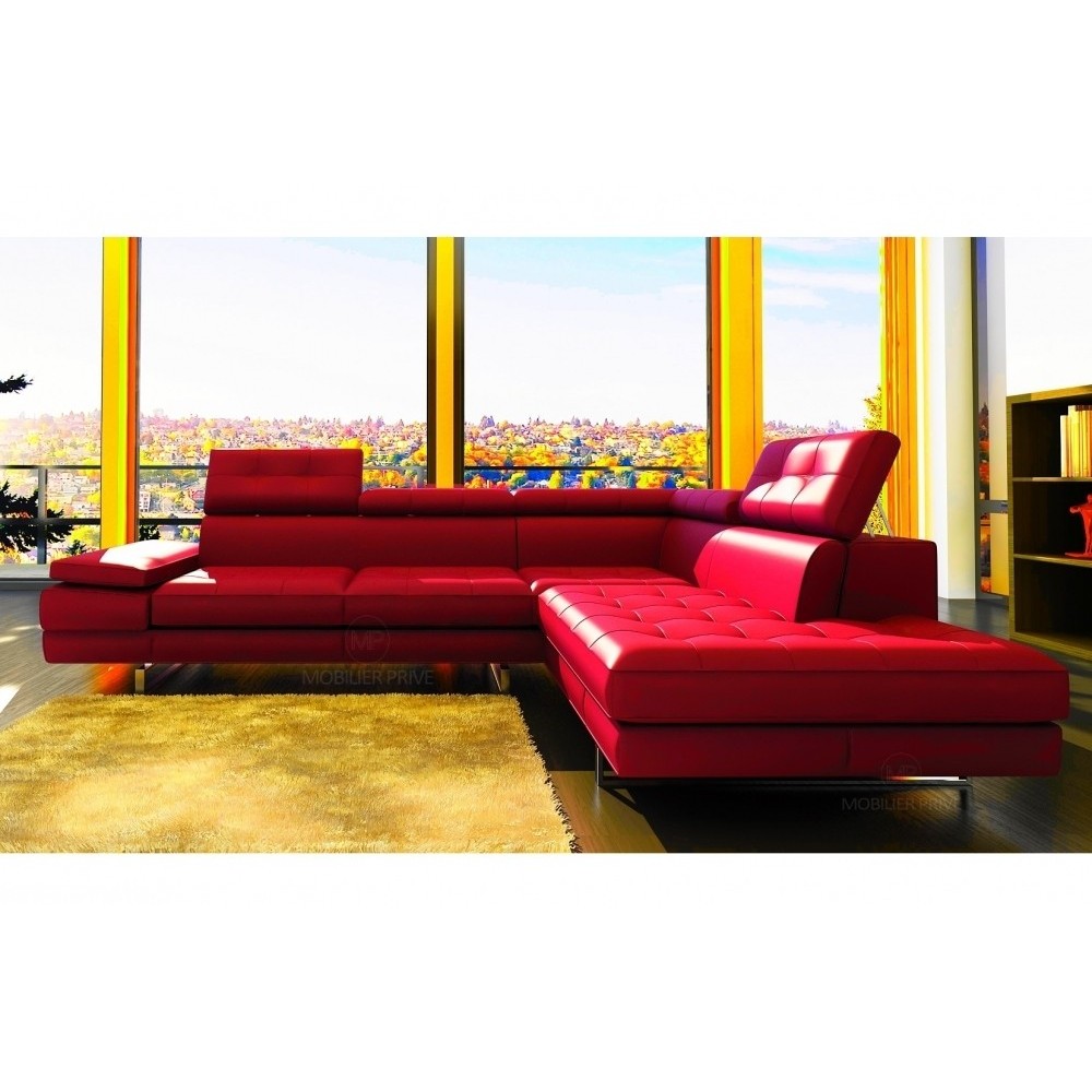 - Canapé d'angle en cuir italien 6 places MODA, rouge, angle droit