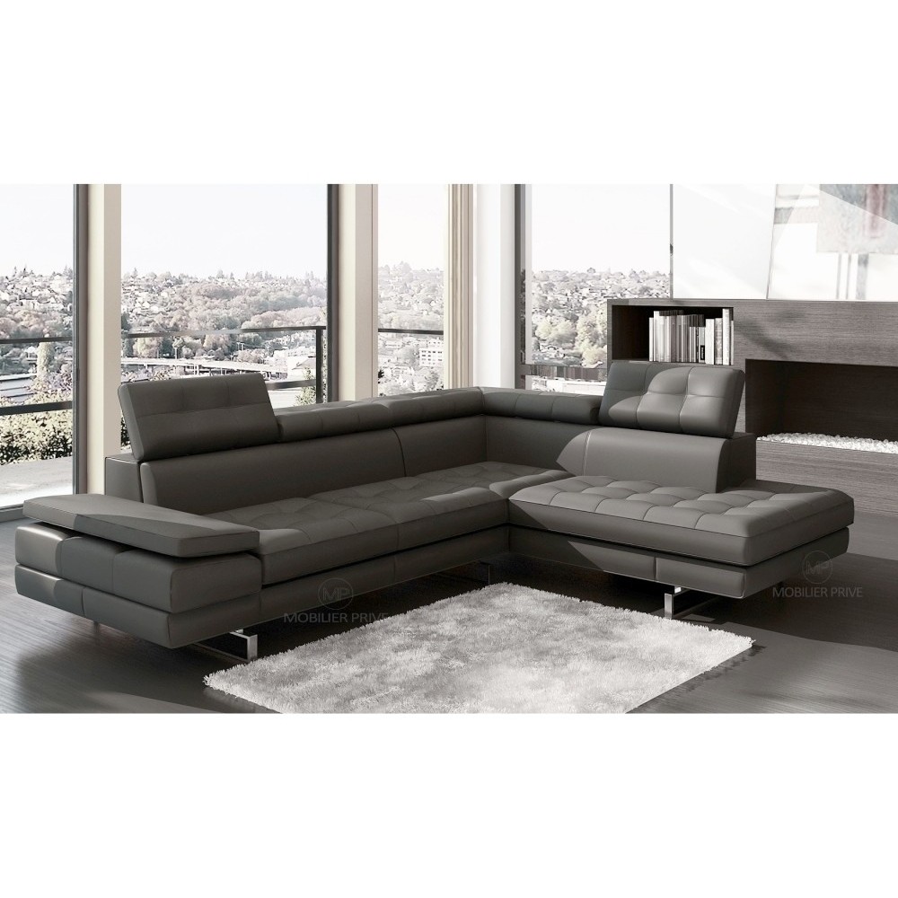 Canapé d'angle en cuir italien 6 places MODA, gris foncé, angle droit