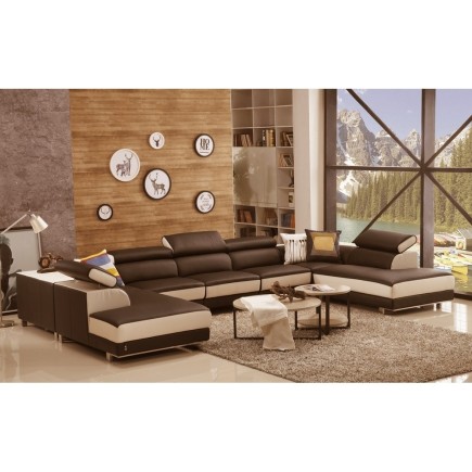Canapé d'angle en cuir buffle italien de luxe 8/9 places GIANT, chocolat et beige
