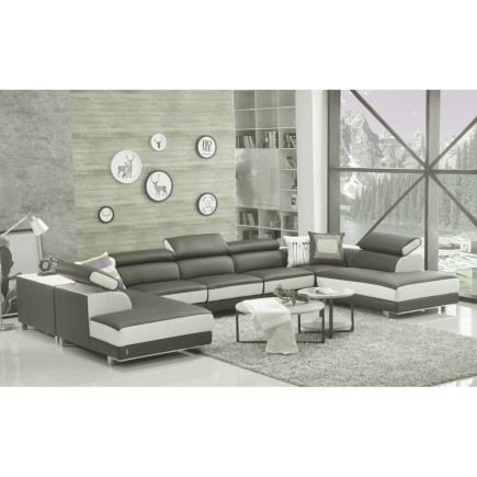 Canapé d'angle en cuir buffle italien de luxe 8/9 places GIANT, gris foncé et blanc