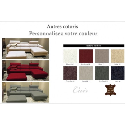 Canapé d'angle en cuir buffle italien de luxe, 5 places ARMANO, couleur personnalisée, angle droit