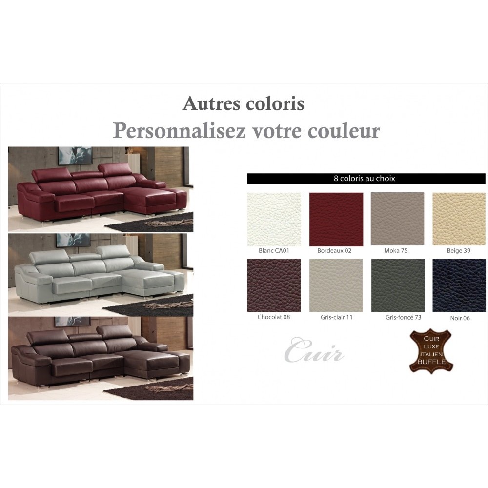 Canapé d'angle cuir buffle italien BONITO, couleur couleur personnalisée, angle droit, 5 places