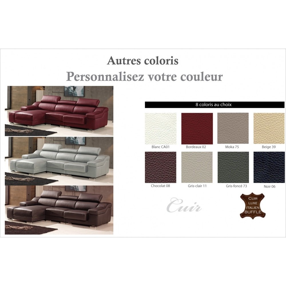 Canapé d'angle cuir buffle italien BONITO, couleur personnalisée, angle gauche, 5 places