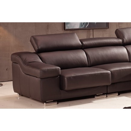 Canapé d'angle cuir buffle italien BONITO, couleur chocolat, angle droit, 5 places