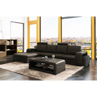- Canapé d'angle en cuir italien 5/6 places ROMARIO, gris foncé