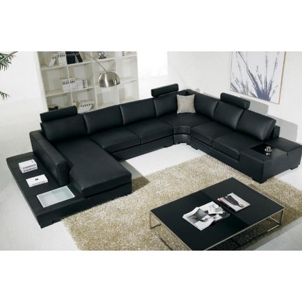 Canapé d'angle Grand AREZZO en cuir haut de gamme italien vachette Vénésetti. Cuir supérieur luxe Noir N°366. Méridienne à gauch