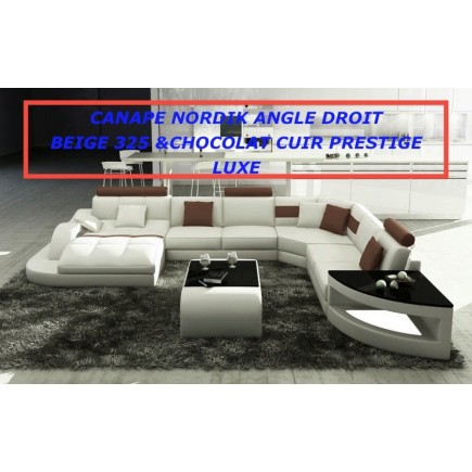 Canapé d'angle en CUIR PRESTIGE LUXE italien 8 places NORDIK, BEIGE ET CHOCOLAT ANGLE DROIT
