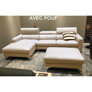 Canapé d'angle en cuir buffle italien de luxe 5 places ARMANO, beige, angle gauche, avec pouf en cuir