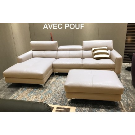Canapé d'angle en cuir buffle italien de luxe 5 places ARMANO, beige, angle gauche, avec pouf en cuir