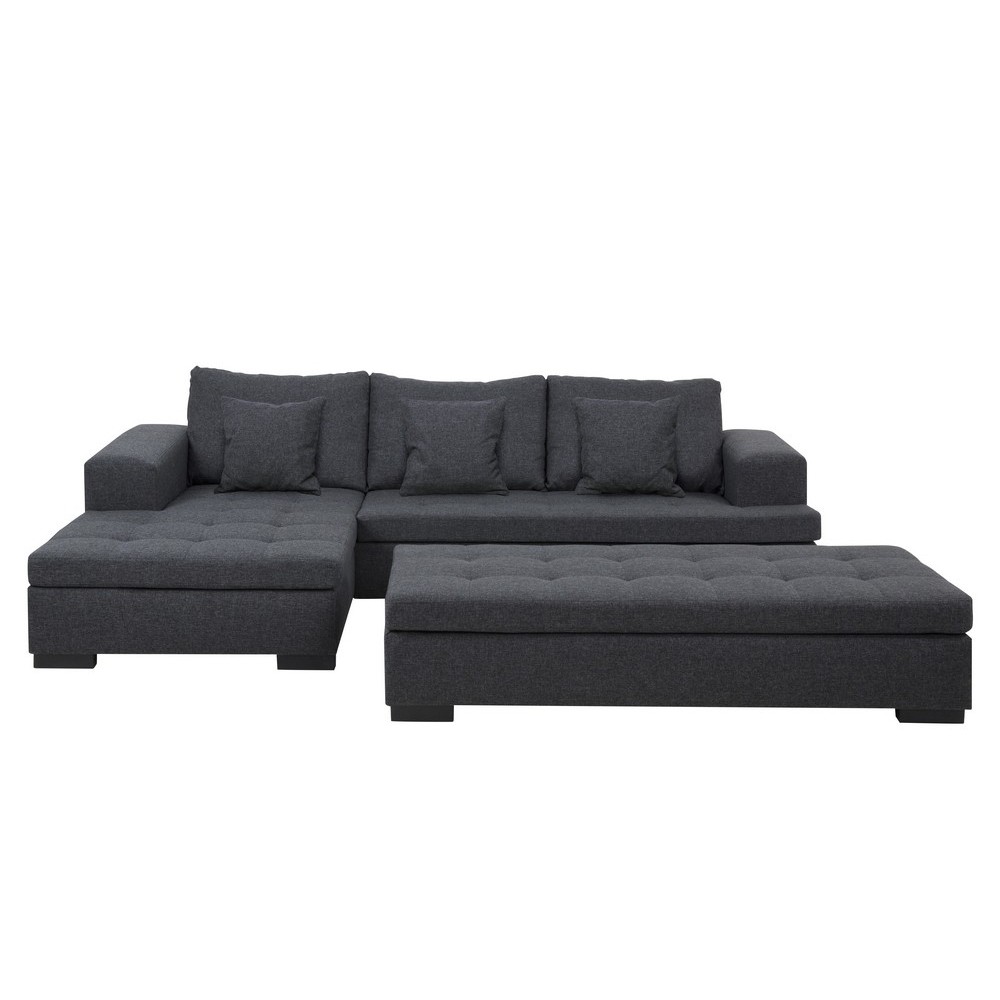 Canapé d'angle en tissu de qualité BONY, gris foncé, avec pouf-banquette, angle gauche