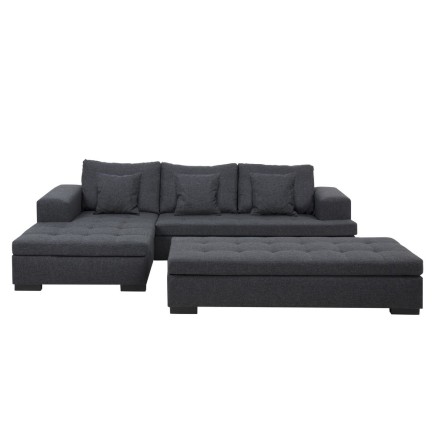 Canapé d'angle en tissu de qualité BONY, gris foncé, avec pouf-banquette, angle gauche