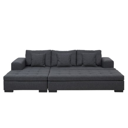 Canapé d'angle en tissu de qualité BONY, gris foncé, avec pouf-banquette, angle gauche
