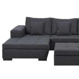 Canapé d'angle en tissu de qualité BONY, gris foncé, avec pouf-banquette, angle gauche