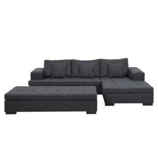 Canapé d'angle en tissu de qualité, BONY gris foncé, avec pouf-banquette, angle droit