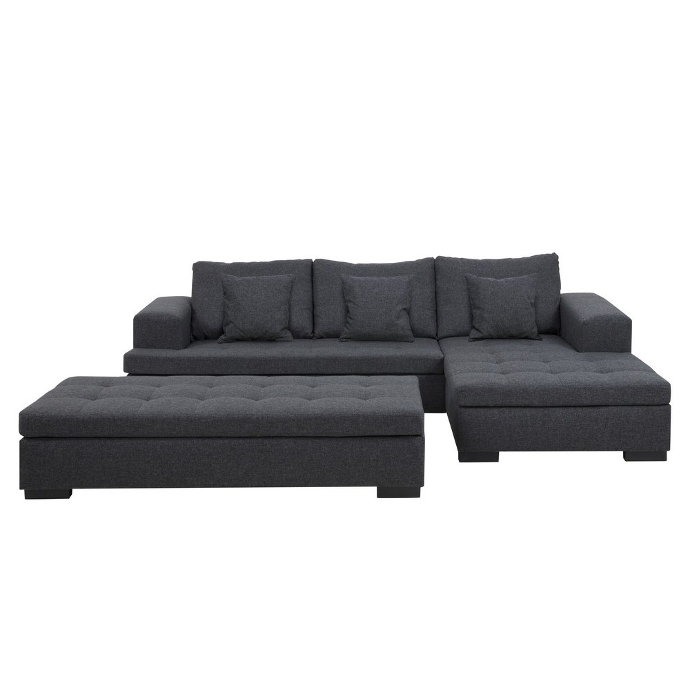 Canapé d'angle en tissu de qualité, BONY gris foncé, avec pouf-banquette, angle droit