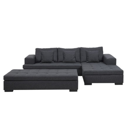 Canapé d'angle en tissu de qualité, BONY gris foncé, avec pouf-banquette, angle droit