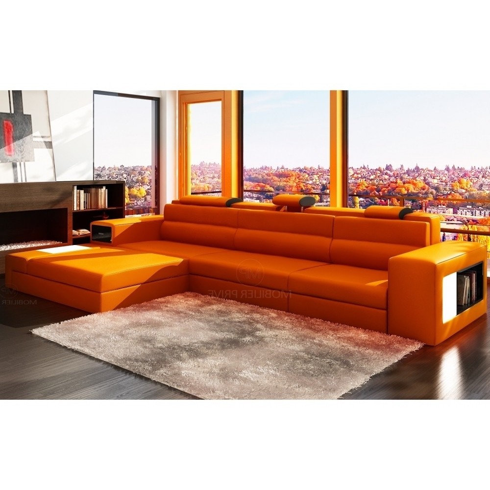 Canapé d'angle en cuir italien 4/5 places ENJOY, orange, angle gauche