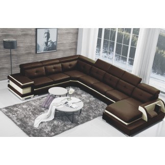 Canapé d'angle cuir épais buffle italien 9 places avec 1 assise en plus sur la longueur, BELLISSIMO, CHOCOLAT AG4 - ECRU AG09 ,