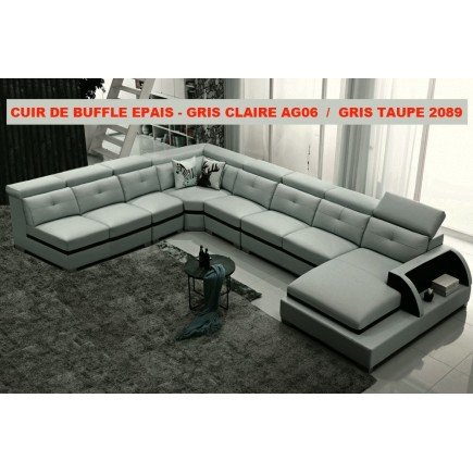 COMMANDE PERSONNALISEE POUR LE Canapé d'angle cuir buffle epais italien 9/10 places, GRAND BELLISSIMO, GRIS CLAIR AG06 et GRIS T