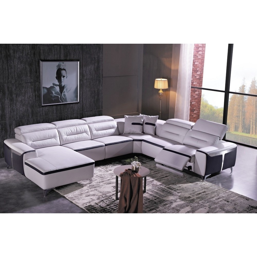 Canapé d'angle relax électrique en cuir buffle italien de luxe COMBIRELAX, blanc et noir, angle droit, 7/8 places