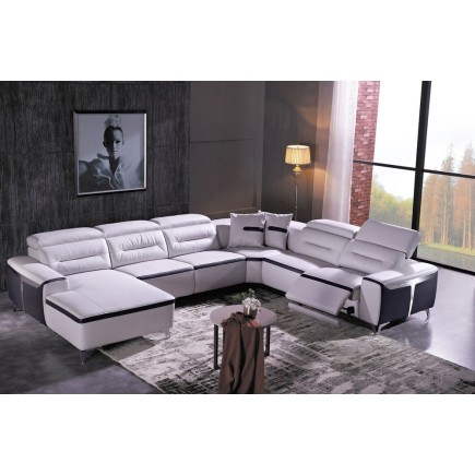 Canapé d'angle relax électrique en cuir buffle italien de luxe COMBIRELAX, blanc et noir, angle droit.,