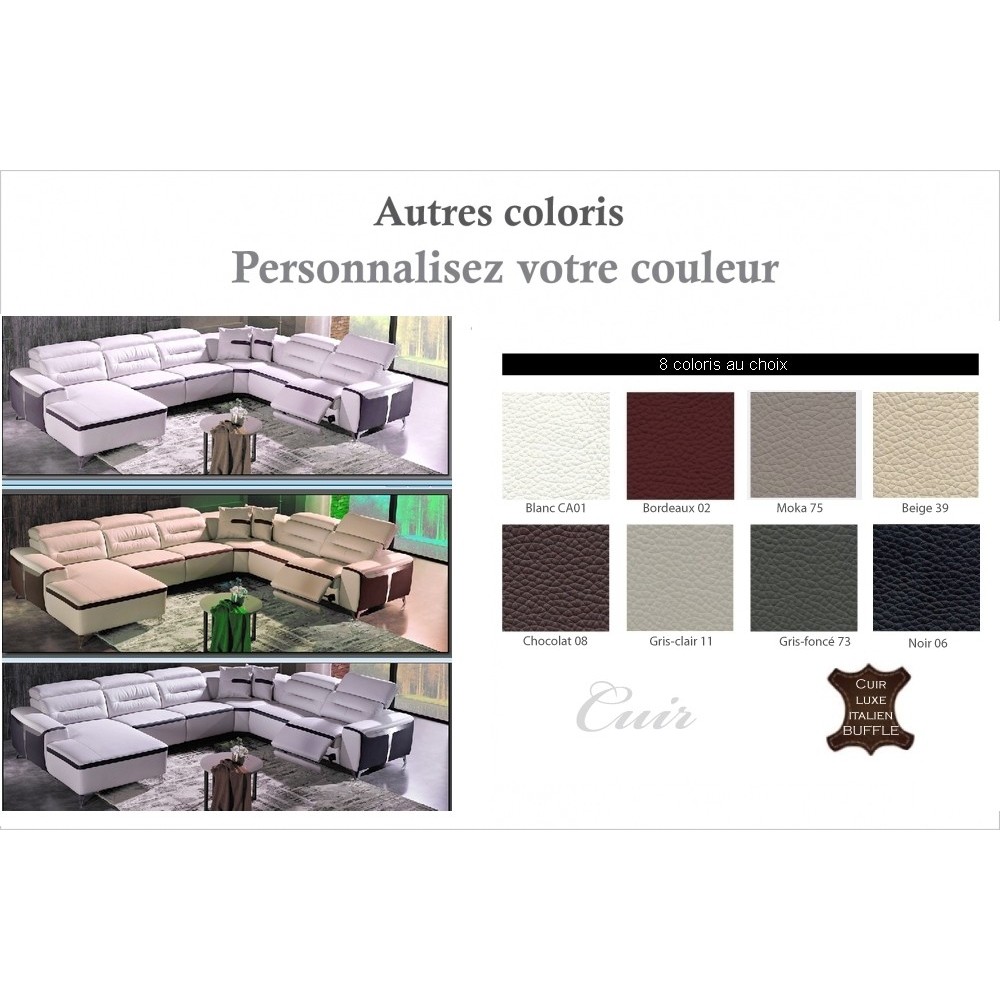 Canapé d'angle relax électrique en cuir buffle italien de luxe COMBIRELAX, couleurs personnalisées, angle droit, 7/8 places