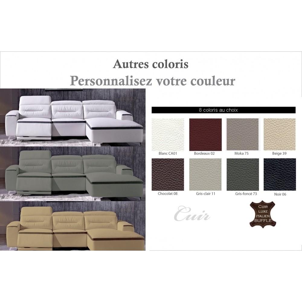 Canapé d'angle relax en cuir de buffle italien de luxe FUNRELAX , couleurs personnalisées, angle droit, 5 places