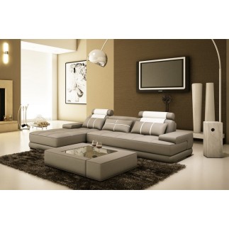 Canapé d'angle en cuir italien 5 places ELIXA, gris clair pastel et blanc