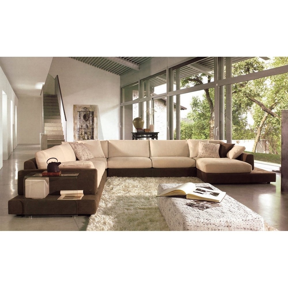 Canapé d'angle LOFT en tissu haut de gamme, beige et chocolat, angle gauche, 8 places
