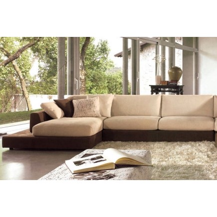 Canapé d'angle LOFT en tissu haut de gamme, coloris beige et chocolat, angle droit, 8 places