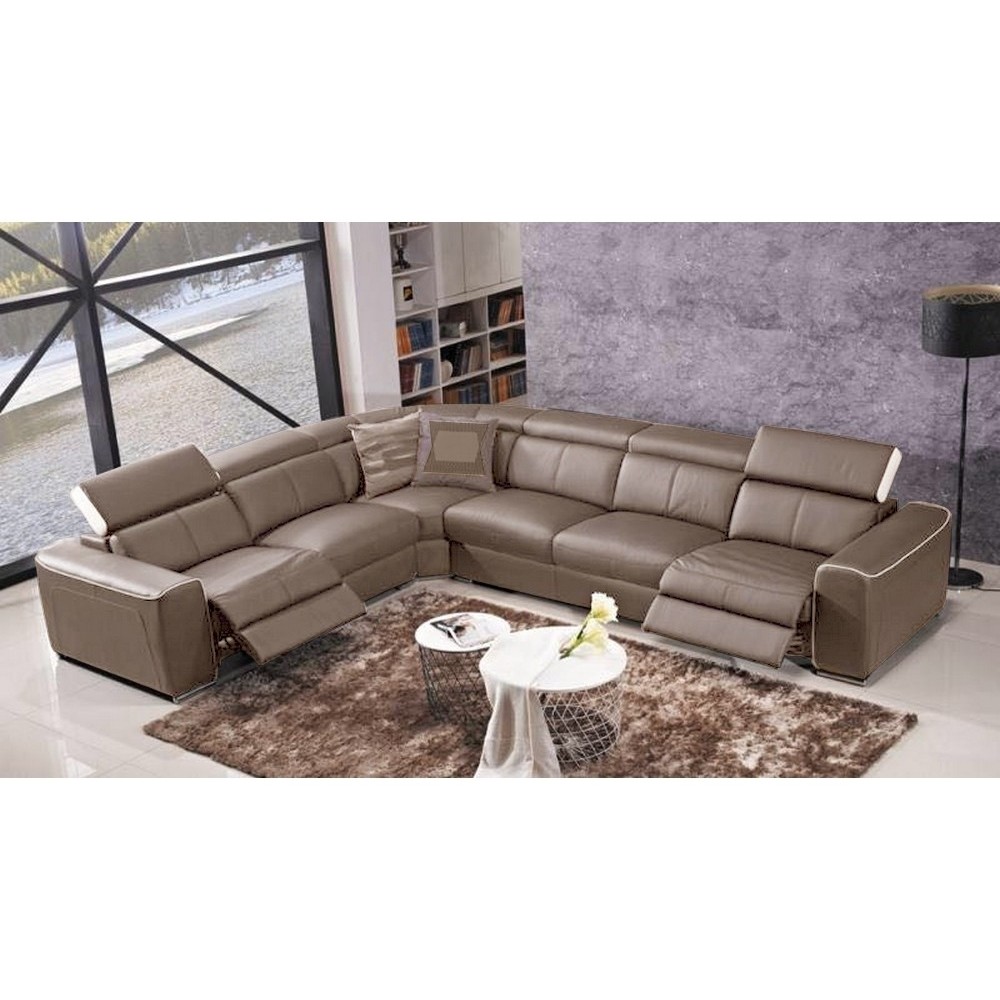 Canapé d'angle double relax électrique en cuir de buffle italien de luxe 7/8 places BESTRELAX moka et blanc, angle gauche,