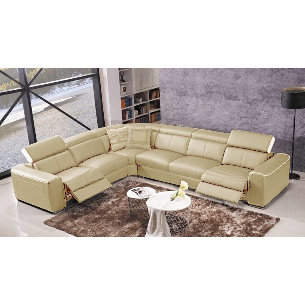 Canapé d'angle double relax électrique en cuir de buffle italien de luxe 7/8 places BESTRELAX beige et blanc, angle gauche,