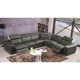 Canapé d'angle double relax électrique en cuir de buffle italien de luxe 7/8 places BESTRELAX, gris foncé et blanc, angle droit,