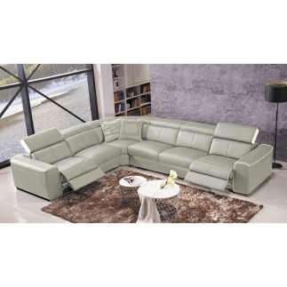 Canapé d'angle double relax électrique en cuir de buffle italien de luxe 7/8 places BESTRELAX gris clair et blanc, angle gauche,
