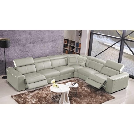 Canapé d'angle double relax électrique en cuir de buffle italien de luxe 7/8 places BESTRELAX, gris clair et blanc, angle droit,