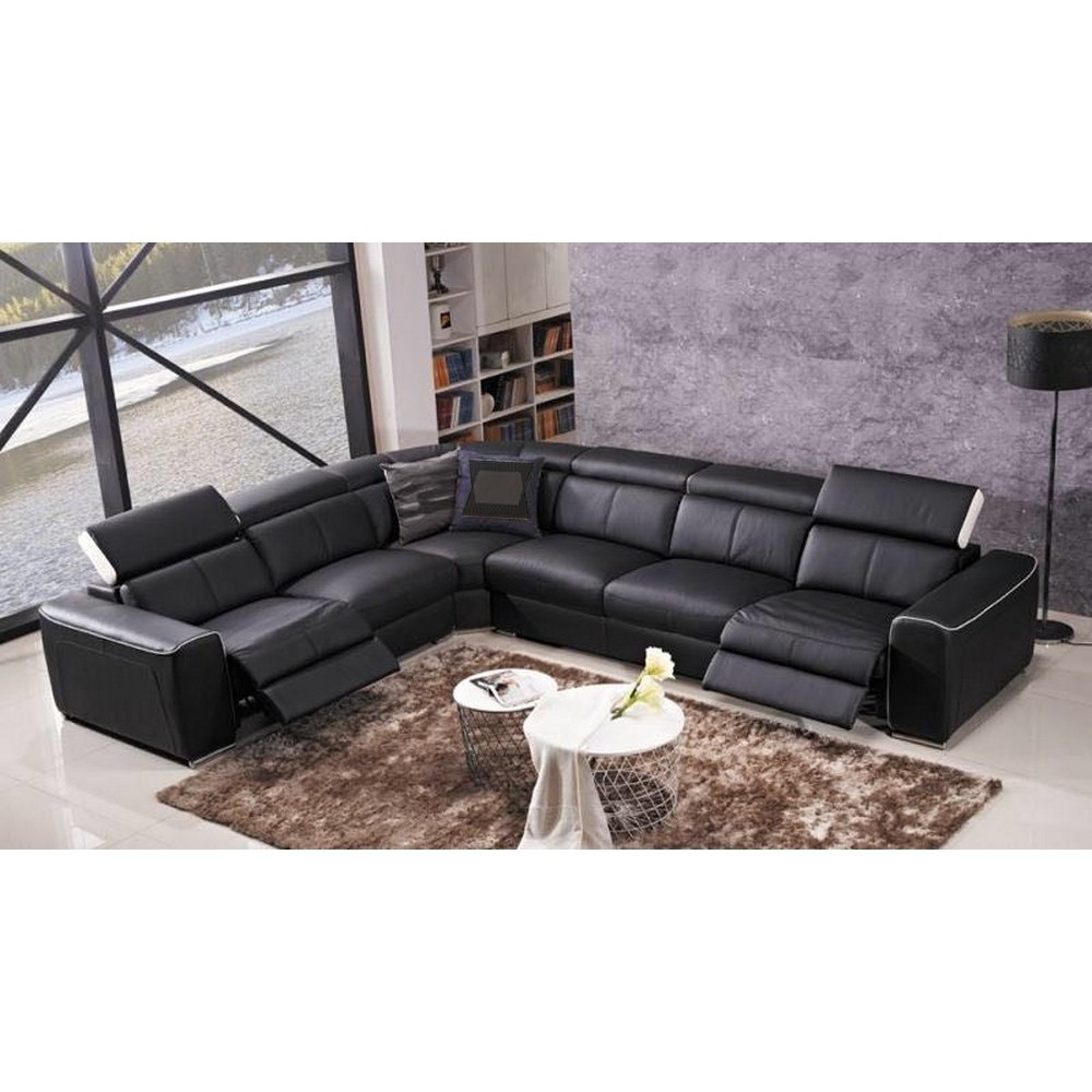 Canapé d'angle double relax électrique en cuir de buffle italien de luxe 7/8 places BESTRELAX noir et blanc, angle gauche,