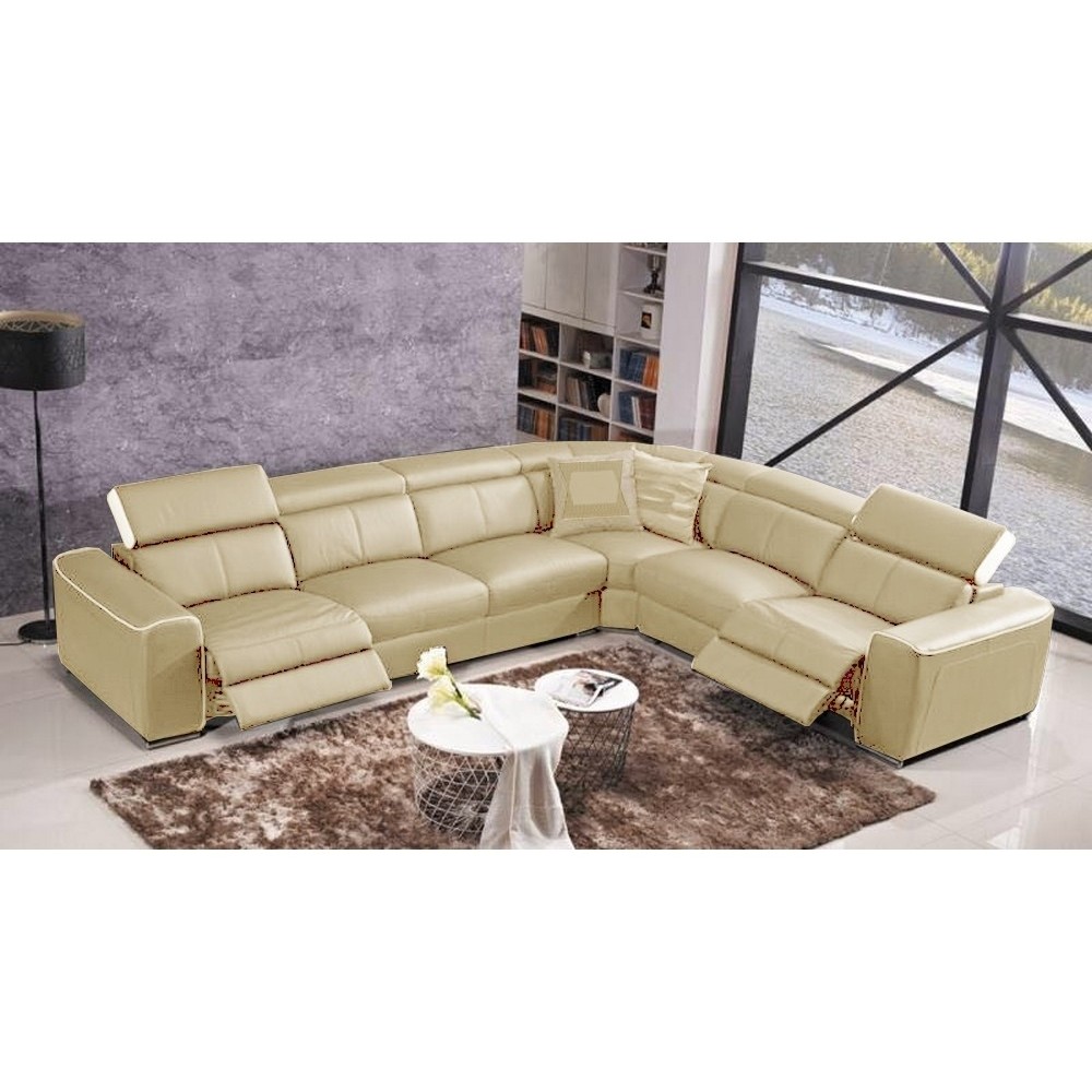 Canapé d'angle double relax électrique en cuir de buffle italien de luxe 7/8 places BESTRELAX, beige et blanc, angle droit,