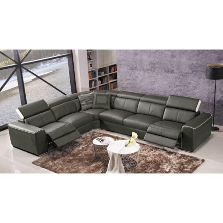 Canapé d'angle double relax électrique en cuir de buffle italien de luxe 7/8 places BESTRELAX gris foncé et blanc, angle gauche,