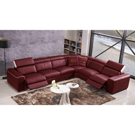 Canapé d'angle double relax électrique en cuir de buffle italien de luxe 7/8 places BESTRELAX, bordeaux et blanc, angle droit,