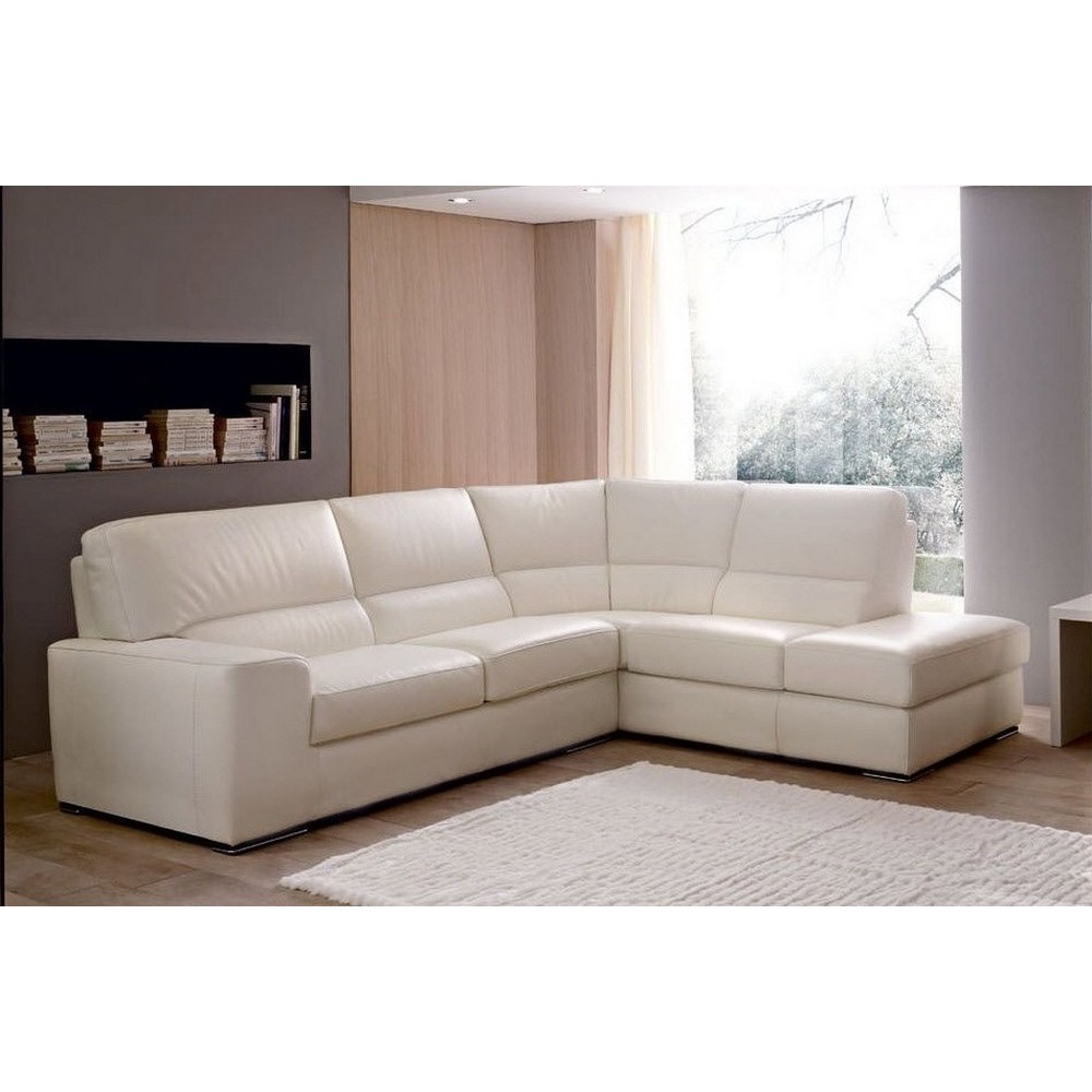 Canapé d'angle BARSANO en cuir haut de gamme italien vachette. Cuir Prestige luxe. Coloris Ecru. Angle droit vu de face, 4/5 pla
